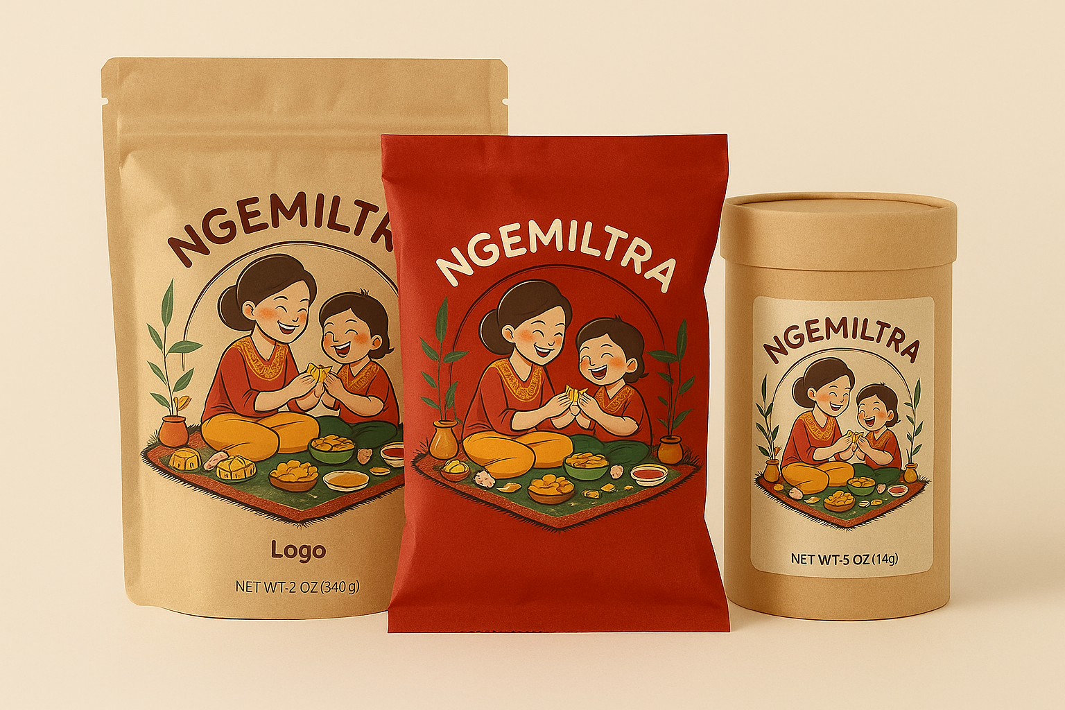 Kemasan Ngemiltra dengan Ilustrasi Tradisional